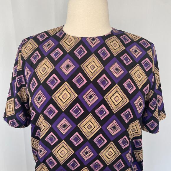Blouse Top Size Large Purple Tan Geo Diamond Print Short Sleeve Shell Casual Vtg - Picture 2 of 10